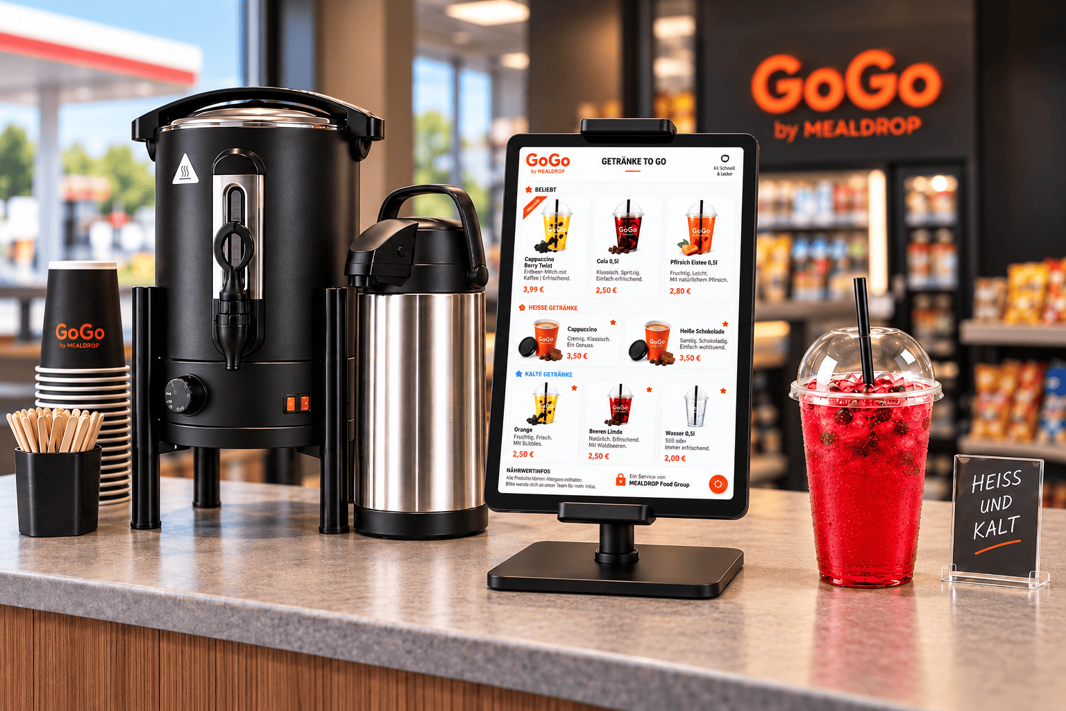 GoGo Drinks 2 Go Verkaufssystem mit Getränkegeräten, Display und fertigen Getränken